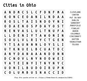 Word Search on Cities in Ohio