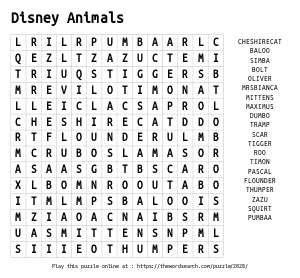 Word Search on Disney Animals