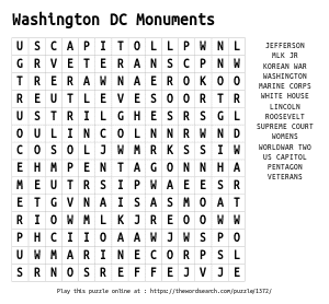 Word Search on Washington DC Monuments 
